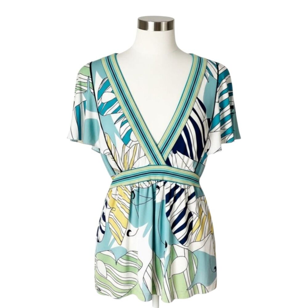 BCBGMAXAZRIA Abstract Art Deco Butterfly Blouse Striped Belted Peplum Top Sz M